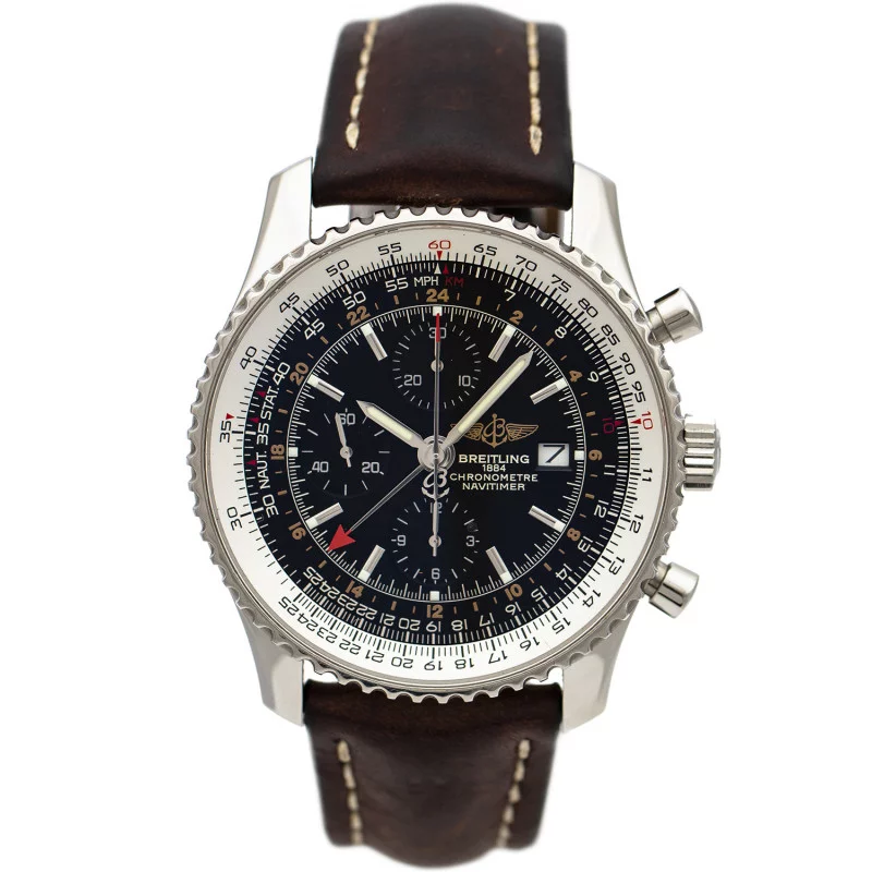 SOLD - PRE-OWNED Breitling Navitimer GMT Chronograph Black & Leather Strap A24322