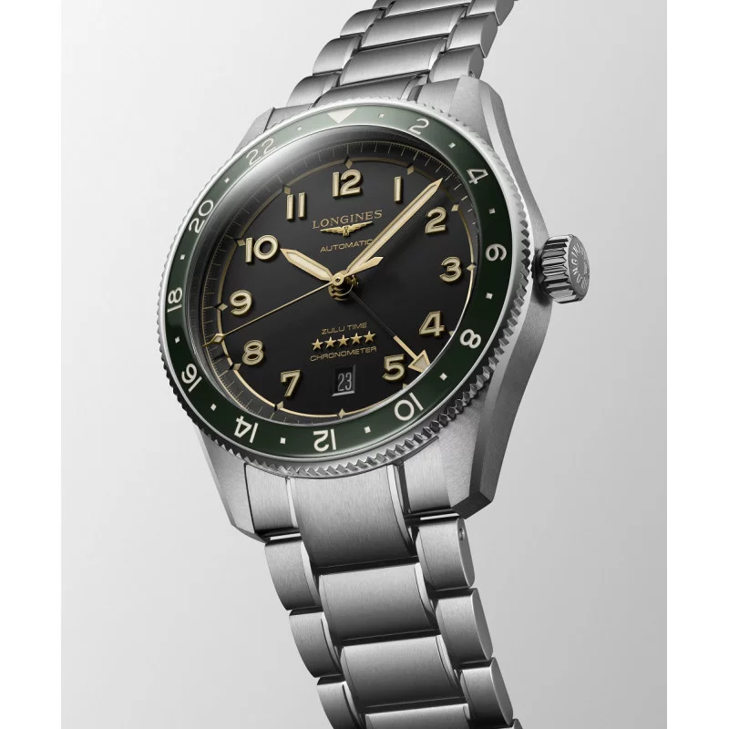 Longines Spirit Zulu Time 42mm Green dial Steel Steel bracelet