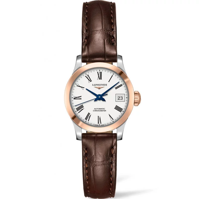 Longines - Record 26mm White Roman Numerals Rose Gold & Steel Leather